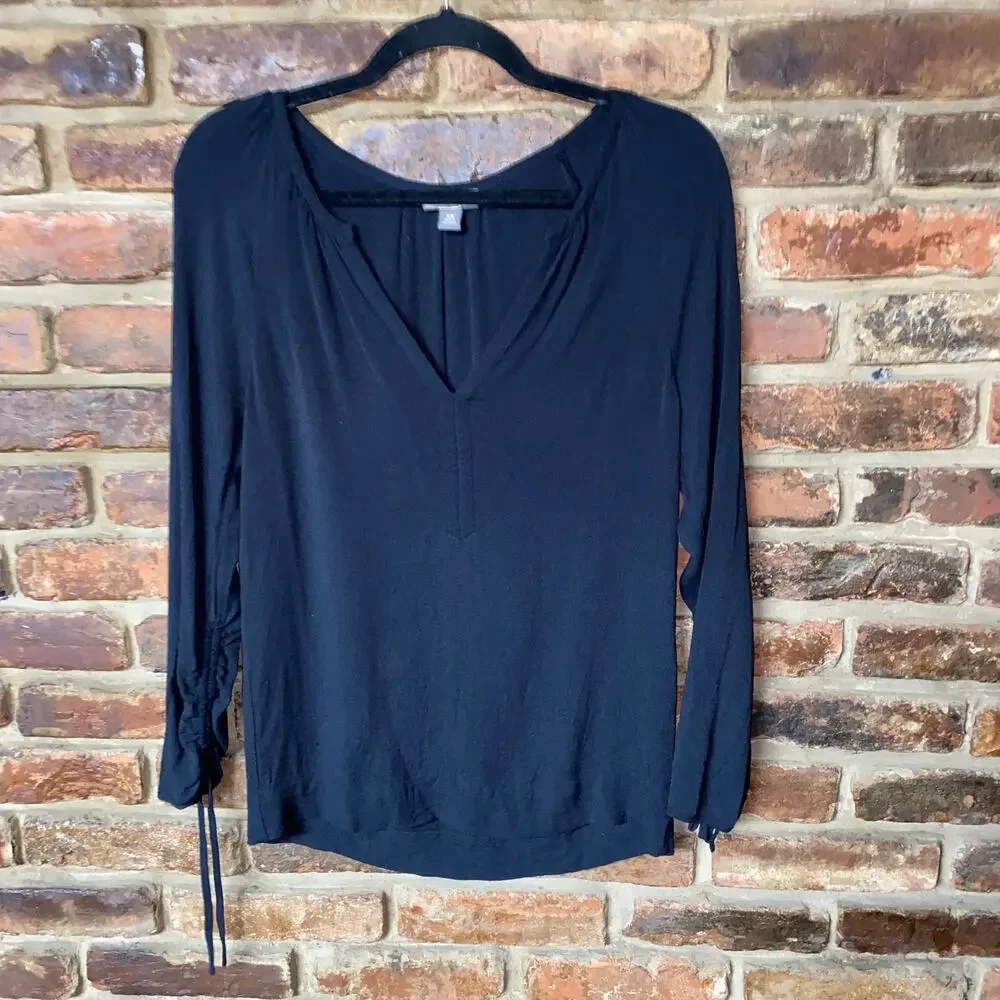 J. Crew Point Sur Black V-Neck Cinched Sleeve Blouse Women's Size XS